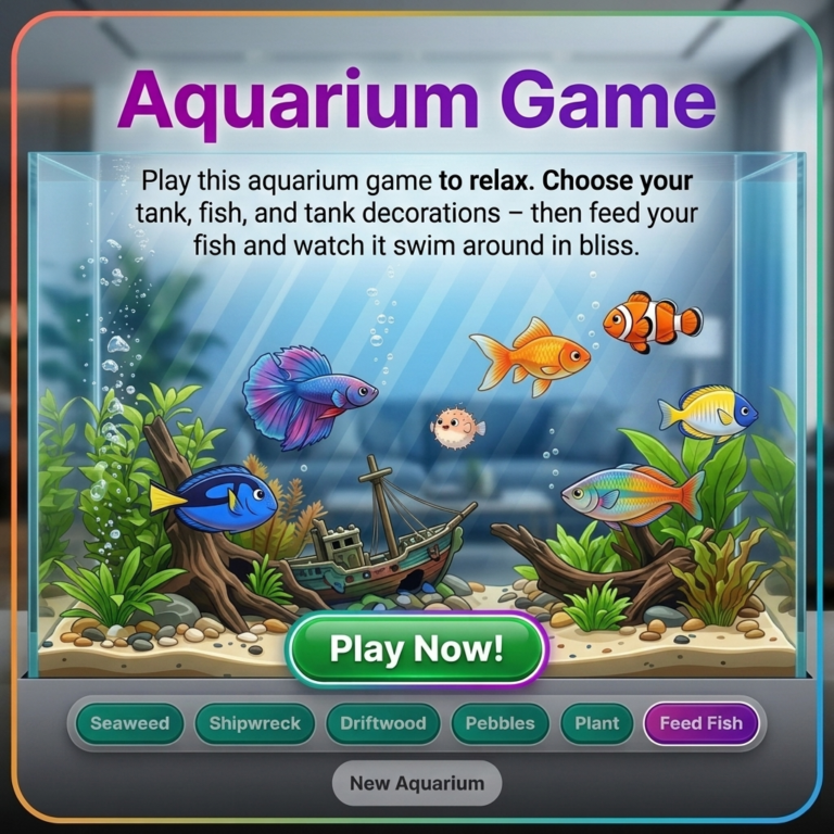 Colorful virtual aquarium with fish swimming, plants, decorations, bubbles, and glowing water