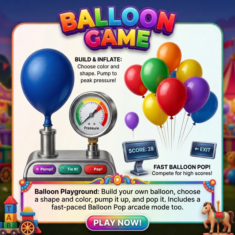 Balloon Pop Game for kids with colorful balloons, pumps, and balloon pop activities