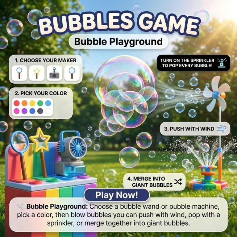 Bubble Pop Game for kids with colorful floating bubbles, bubble wands, and a bubble machine