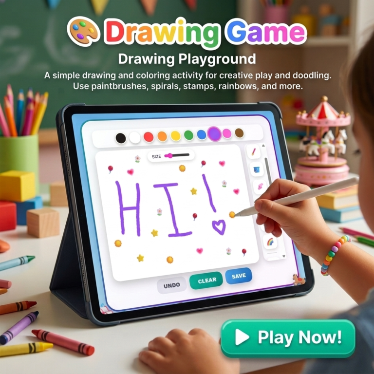 Drawing Game for kids showing a colorful digital canvas with art tools, stamps, and rainbow colors