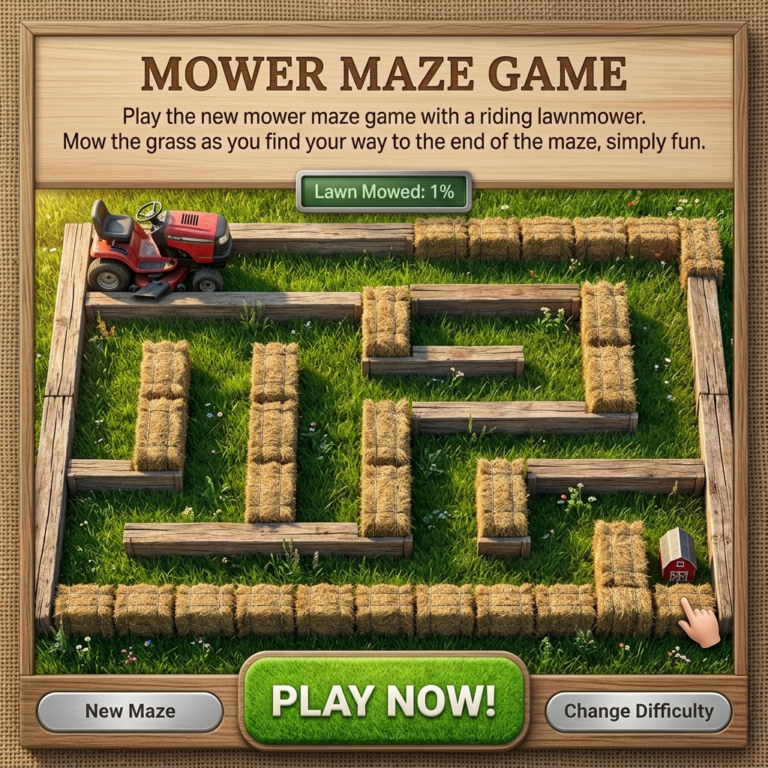 Mower Maze Game showing a red riding mower cutting grass through a farm maze with hay bale paths