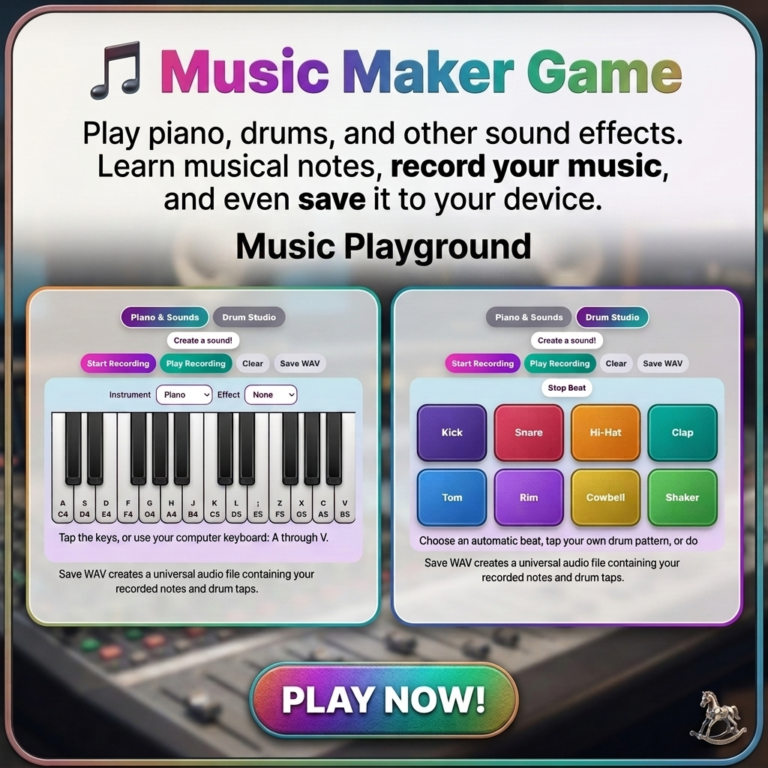 Music Maker Game for kids with a colorful piano keyboard, drum pads, instruments, and recording controls