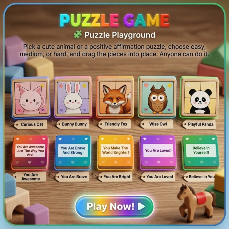 Puzzle Fun game for kids with colorful picture pieces and an easy-to-use puzzle board