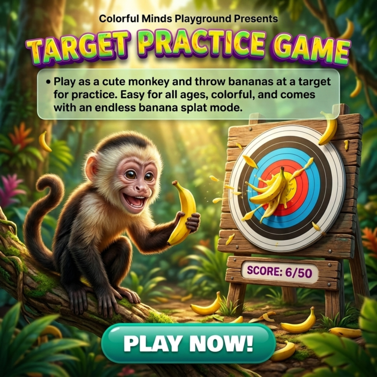 Target Practice Game for kids with a cheerful monkey throwing bananas toward a colorful target board