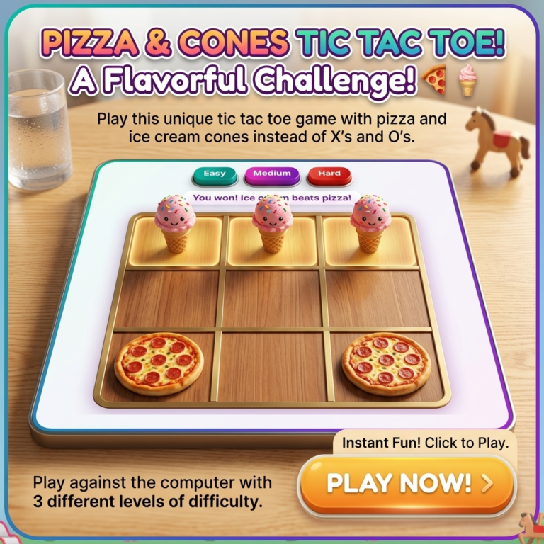 Pizza versus ice cream Tic Tac Toe game for kids with colorful grid squares