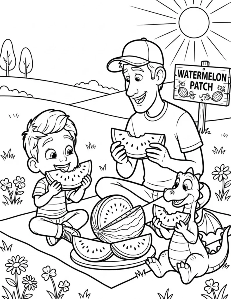 Dad and Son Dragon Picnic Coloring Page preview