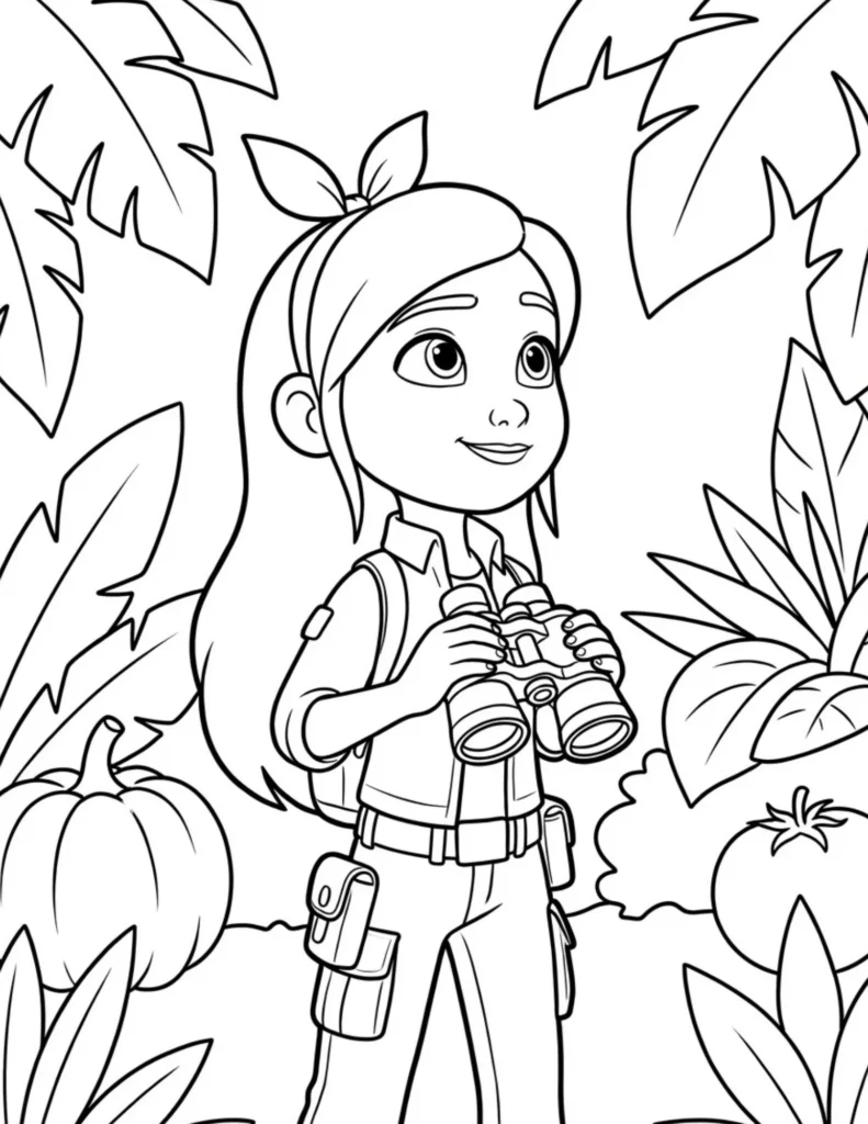 Girl Explorer with Binoculars Coloring Page preview
