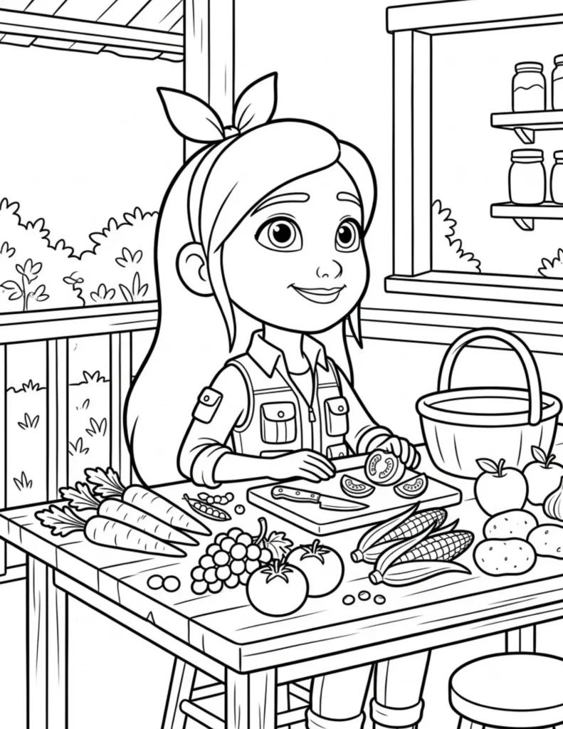 Girl Farmer Cutting Vegetables Coloring Page preview