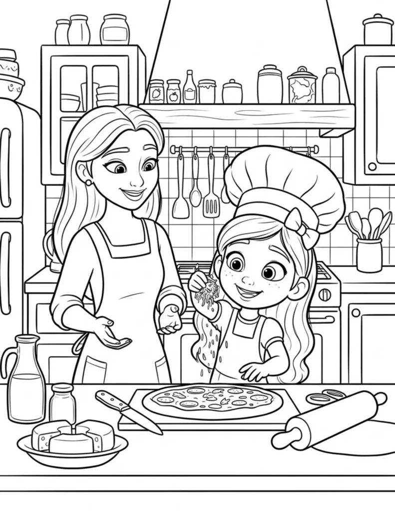 Mom and Daughter Pizza Making Coloring Page preview
