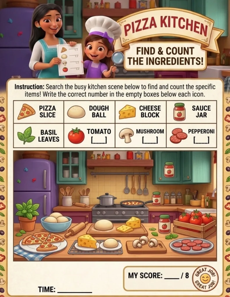 Pizza Kitchen Hidden Object Worksheet preview