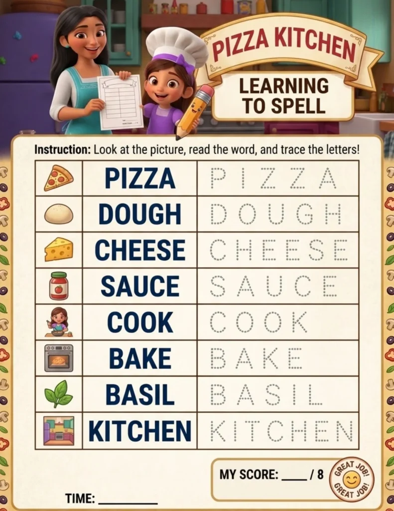Pizza Kitchen Spelling Tracing Worksheet preview