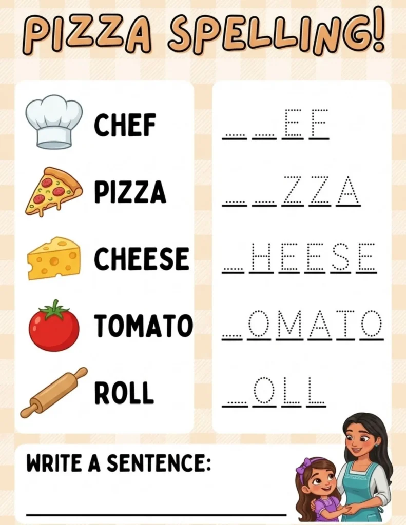 Pizza Spelling Fill-in-Blank Worksheet preview