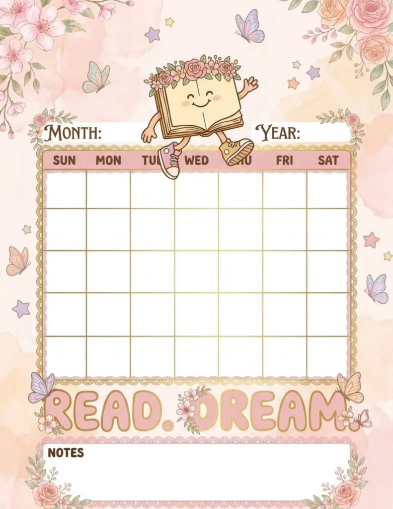 Read. Dream. Floral Monthly Calendar Printable preview